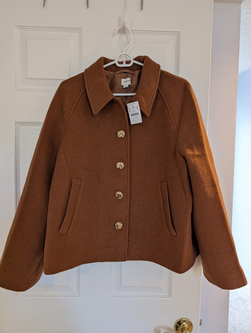 J.Crew Wool Mocha Latte Swing Cropped Coat Gold Buttons Size M